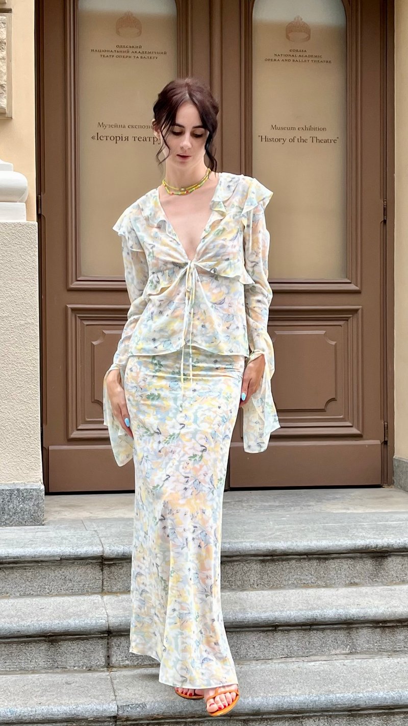 夏季多色雪纺套装、长裙和荷叶边衬衫两件套连身裙 - 晚装/礼服 - 其他材质 多色