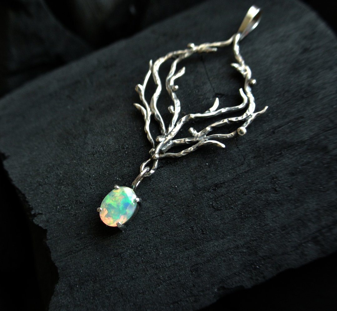 Natural Opal necklace Sterling silver necklace Wood style necklace Elven - 项链 - 纯银 多色
