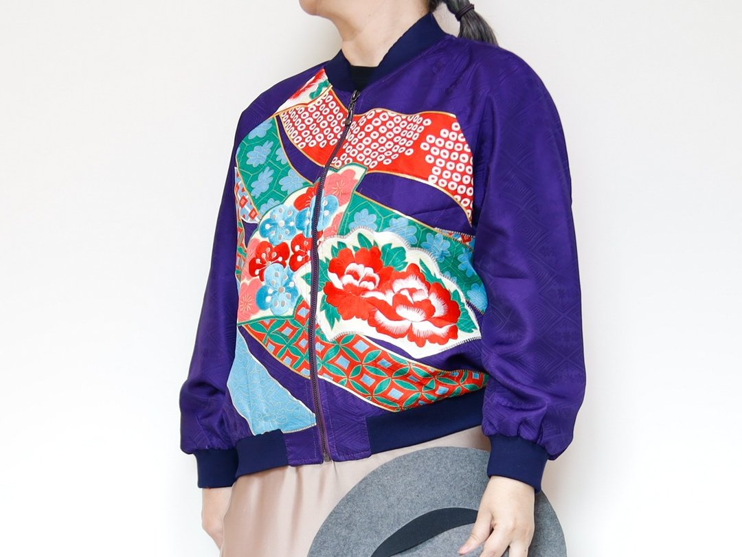 采用古董和服制成的飞行员夹克 浅绿色 独一无二 包邮 和服改造 - 女装休闲/机能外套 - 丝．绢 紫色
