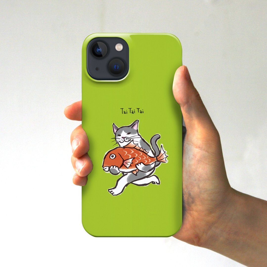 iPhone case Tai Tai Tai Cat holding a sea bream Lime - 手机壳/手机套 - 塑料 绿色