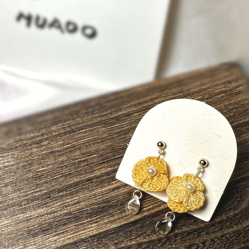 日和小花 耳环 耳针 耳夹 立体 钩针 微钩 花朵 花 - 耳环/耳夹 - 棉．麻 橘色