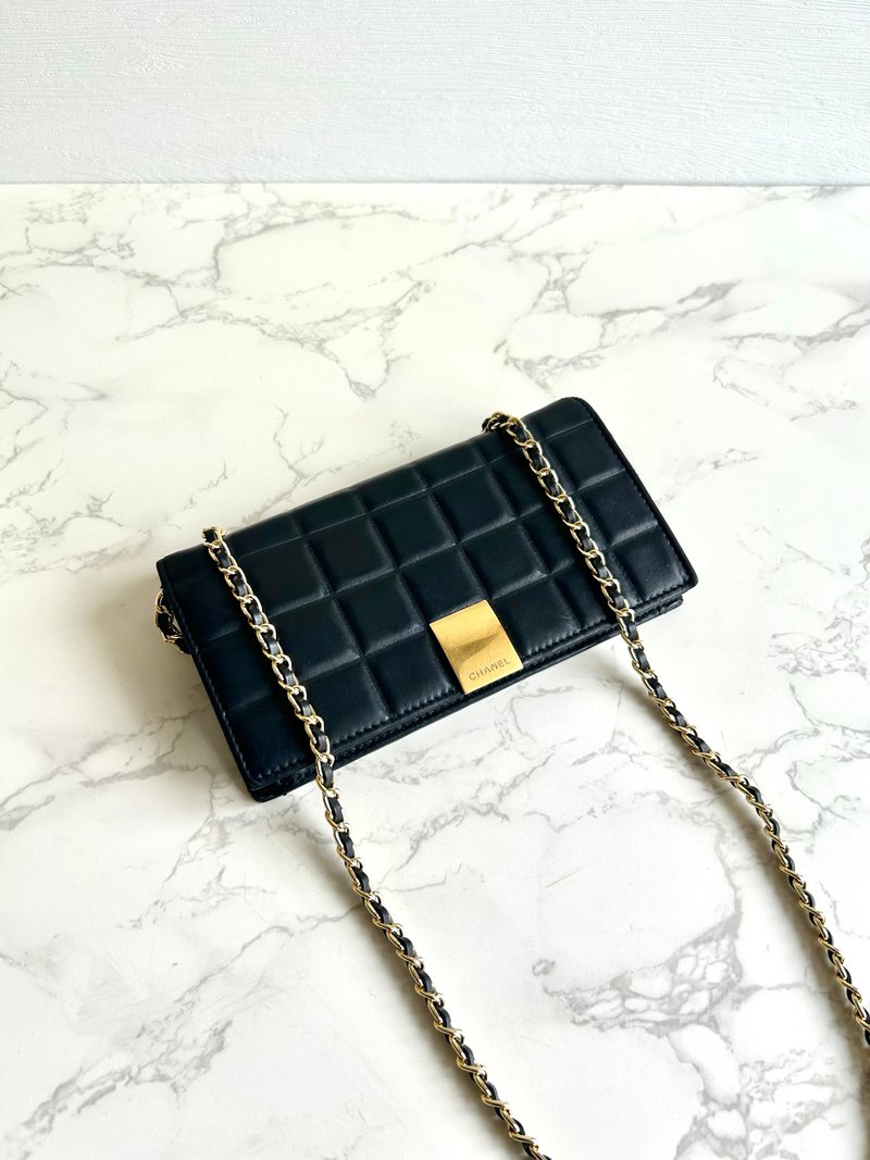 绝版古董包 Chanel黑色冰格长夹 钱包 斜背包 侧背包 单肩包 中古 - 侧背包/斜挎包 - 真皮 黑色