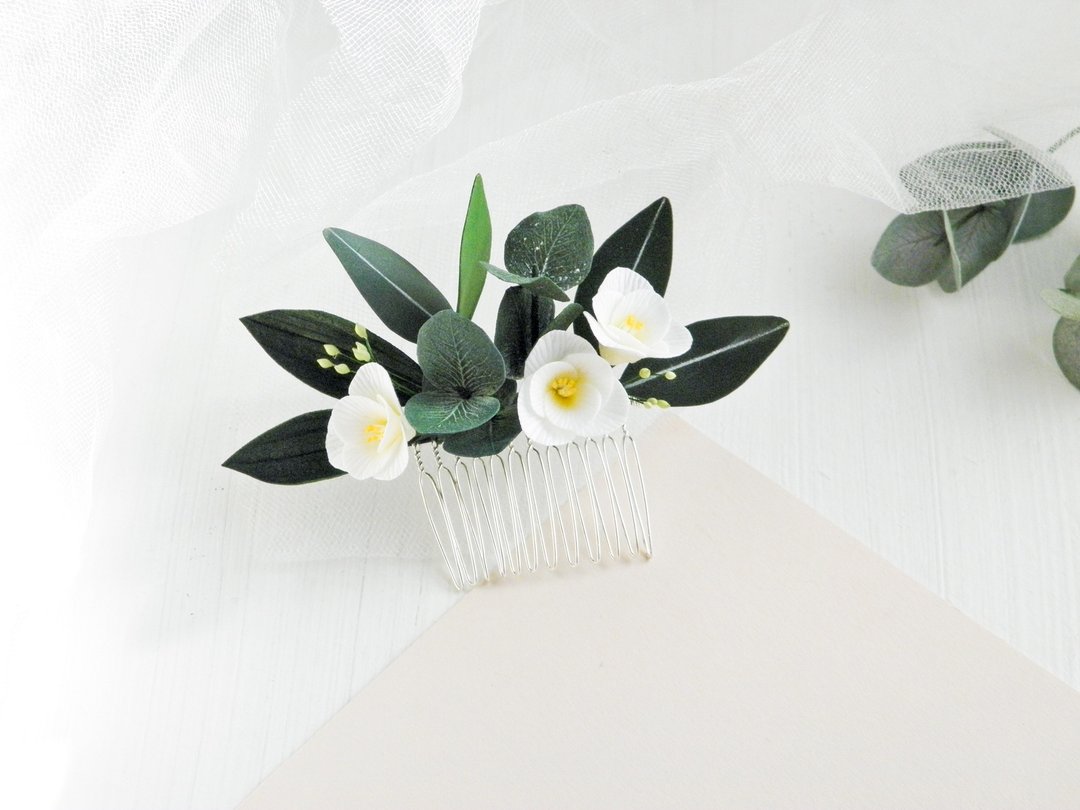 Eucalyptus hair comb Bridal hair piece floral Greenery wedding hair comb - 发饰 - 植物．花 白色