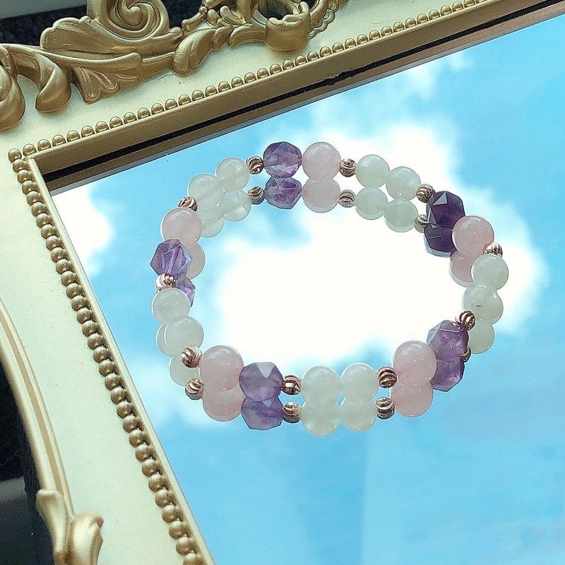 切面 月亮石 紫晶 粉晶 水晶手链 天然石 生日礼物 姊妹礼物 - 手链/手环 - 水晶 粉红色