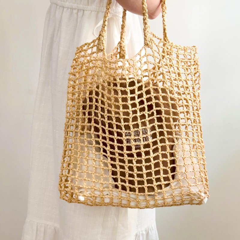 篓空网格洞洞肩背包手提袋 / 手提包拉菲草手工钩织包/ 可选色 - 侧背包/斜挎包 - 其他材质 咖啡色