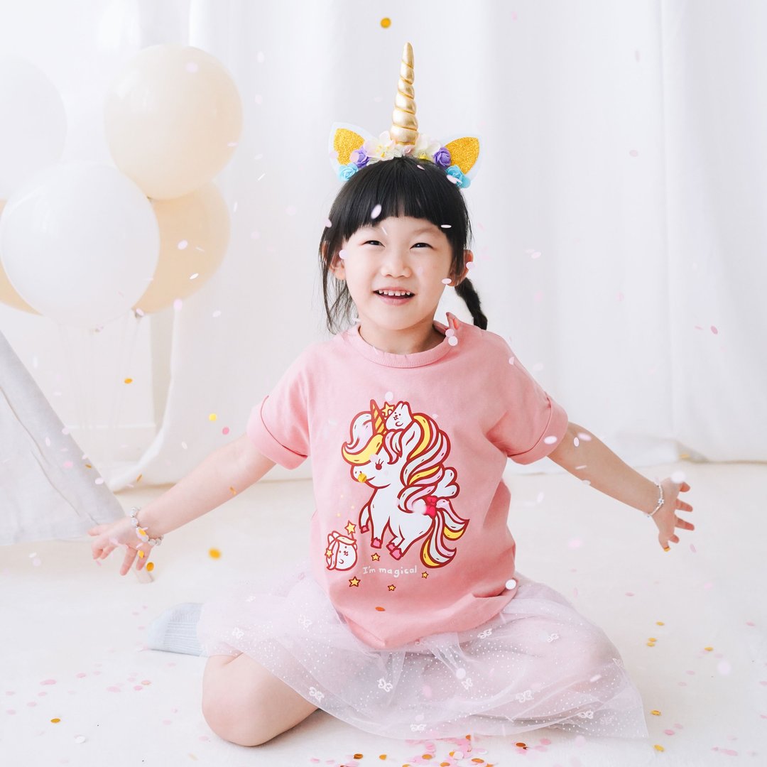 Kid-麻糬兔独角兽小孩 T-shirt (粉色) - 童装上衣 - 棉．麻 粉红色