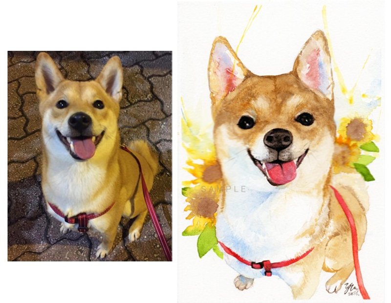 单只宠物水彩肖像画订制5"X7"(不含框) - 订制画像 - 纸 