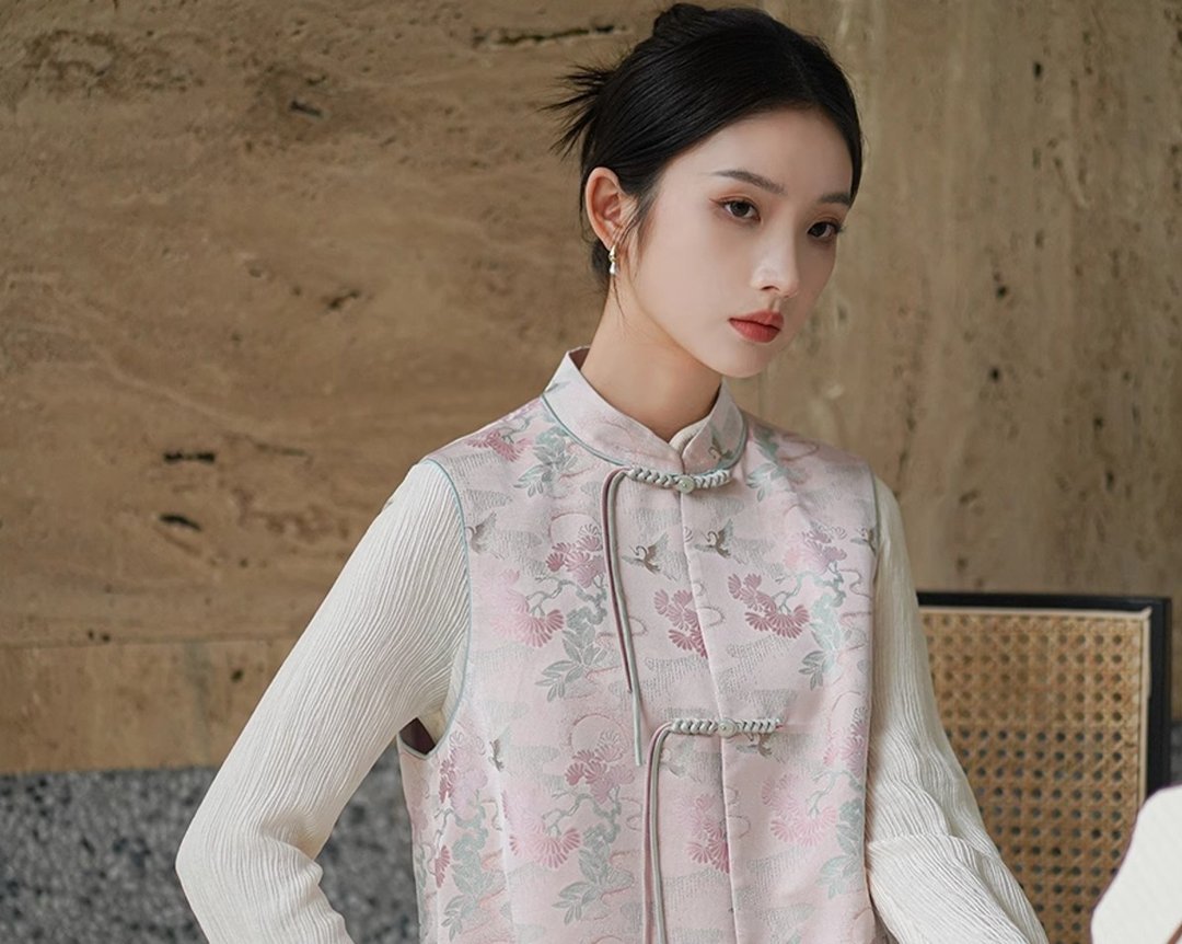 云间鹤 中国风仿宋锦盘扣背心 - 女装上衣 - 其他材质 粉红色