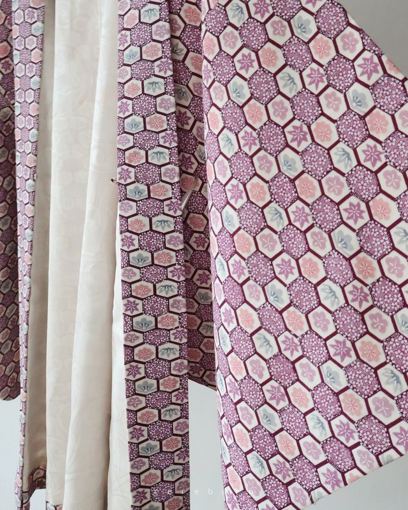 日本制和风印花紫色古着羽织和服外套 - 女装休闲/机能外套 - 聚酯纤维 紫色