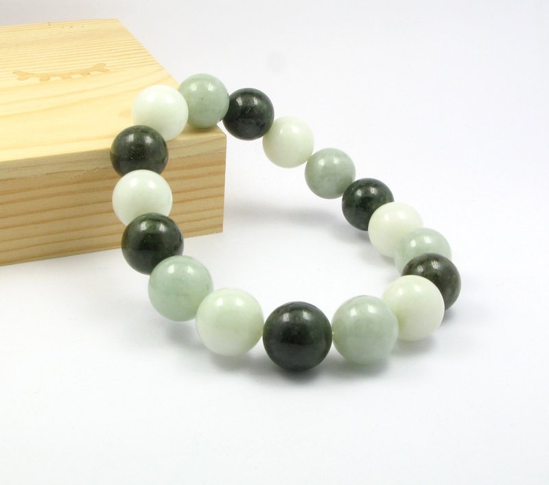 天然多色翡翠珠, 深绿色翡翠 - 白色翡翠 手链, 弹力绳款, 17cm - 手链/手环 - 半宝石 绿色