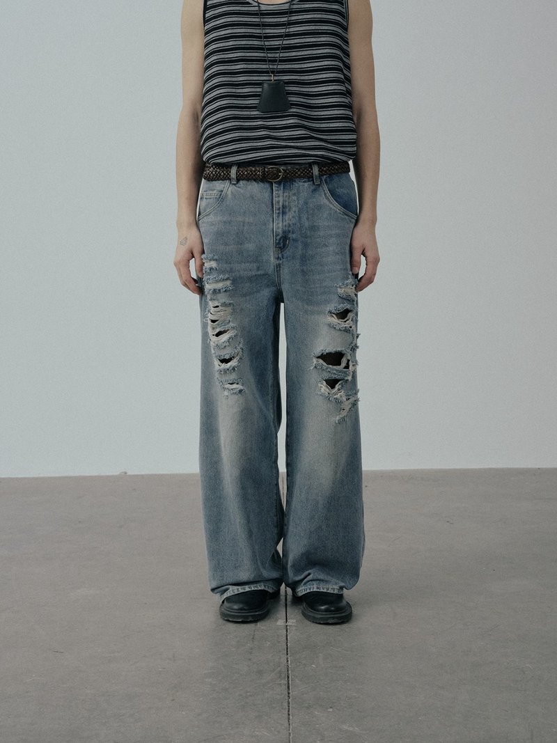 复古蓝色 水洗不规则破洞牛仔裤 - 男士长裤 - 其他材质 蓝色