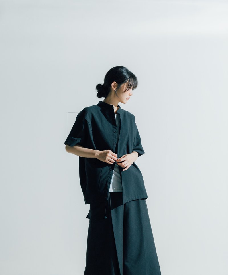 虚空 - 立领斜门襟短袖衬衫(黑/灰) Organic Cotton & Recycle - 其他 - 环保材料 黑色