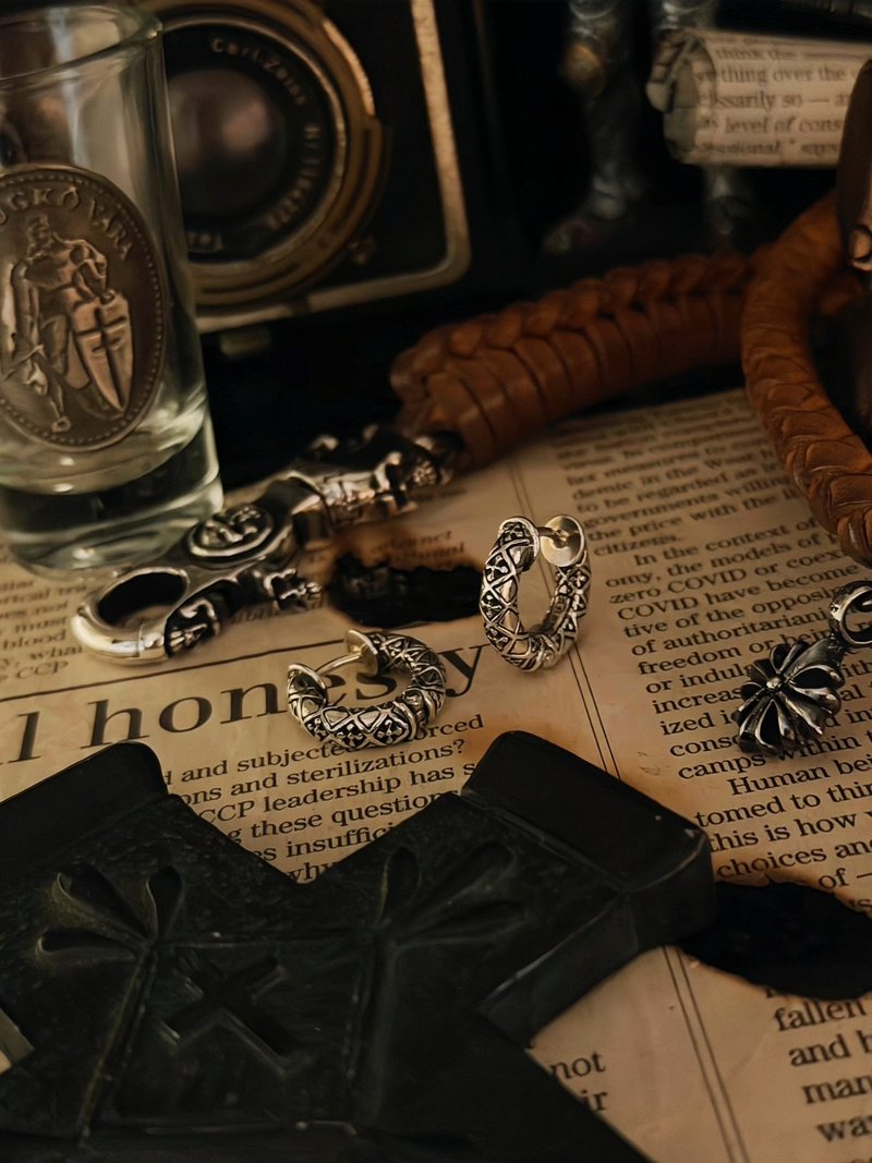 【巴洛克系列】巴洛克十字易扣/银/单只/耳环 - 耳环/耳夹 - 纯银 银色