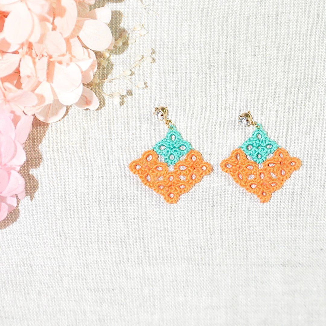 新品万岁! 马赛克方块耳环 南瓜 Mosaic Square Earrings Tatting - 耳环/耳夹 - 绣线 橘色