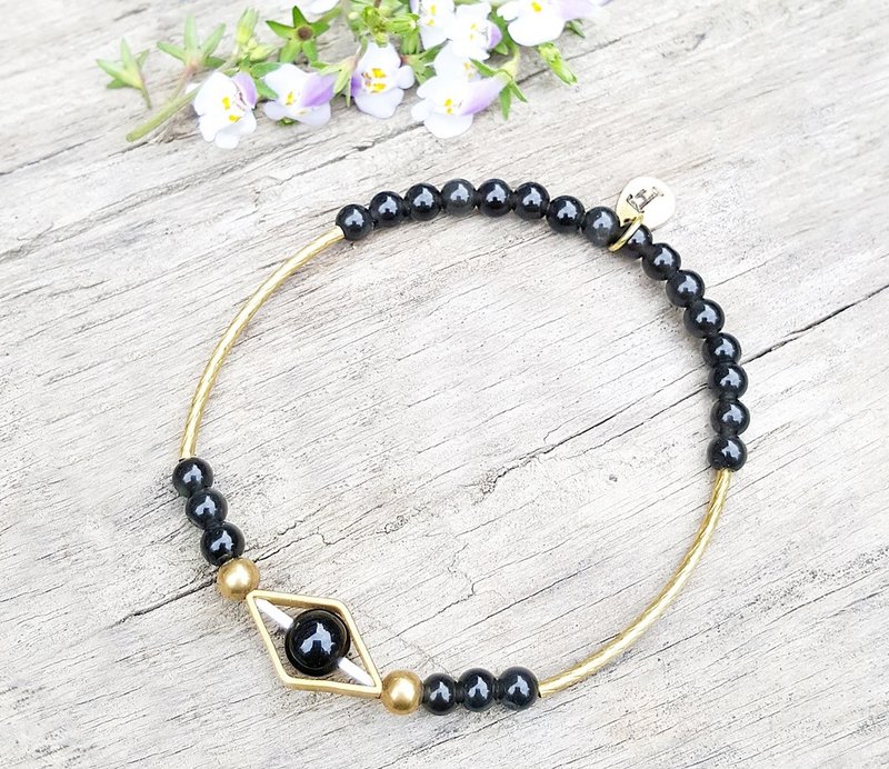 五行-水系能量石 黑曜石 细致女款 黄铜 定制化 手敲字母  极简 - 手链/手环 - 宝石 黑色