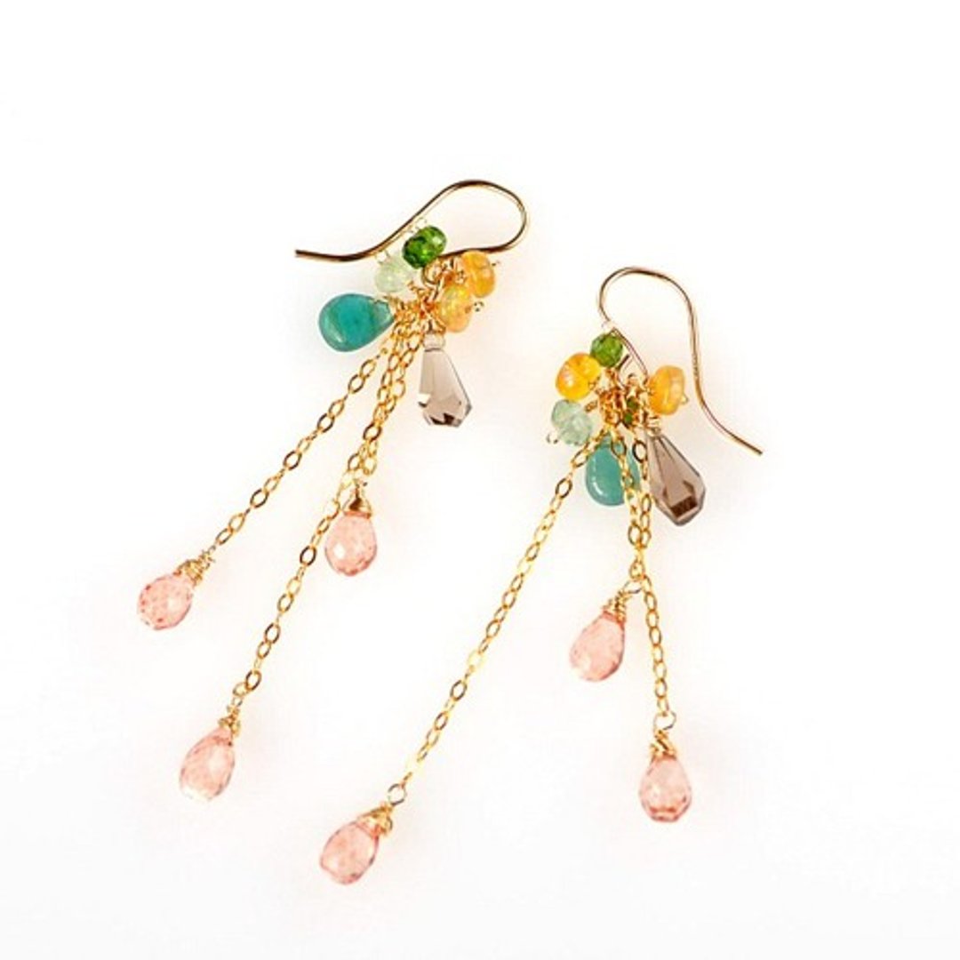 14kgf/orange topaz x Ethiopian opal x smoky quartz earrings - 耳环/耳夹 - 宝石 