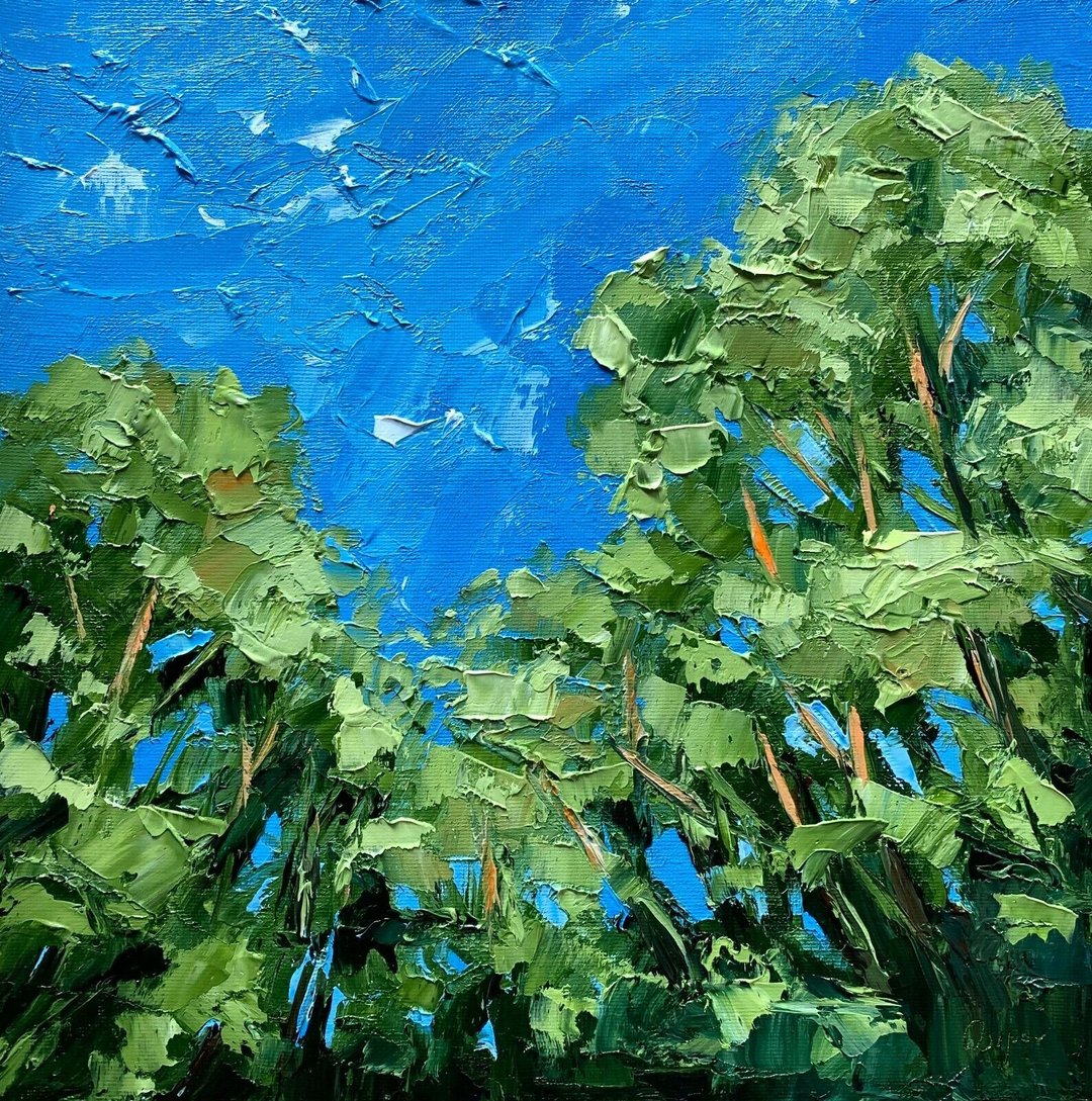 Original Landscape Trees Painting Blue Sky Landscape Oil Painting Impasto Art - 墙贴/壁贴 - 棉 多色