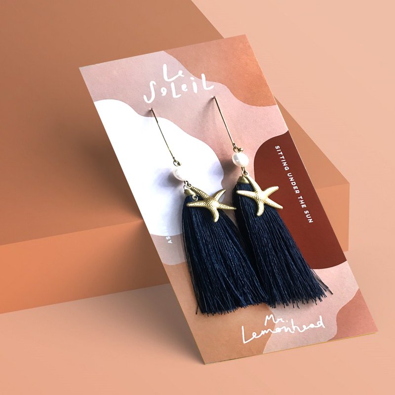 Tassel earrings dark blue with real pearl and star fish - 耳环/耳夹 - 绣线 蓝色