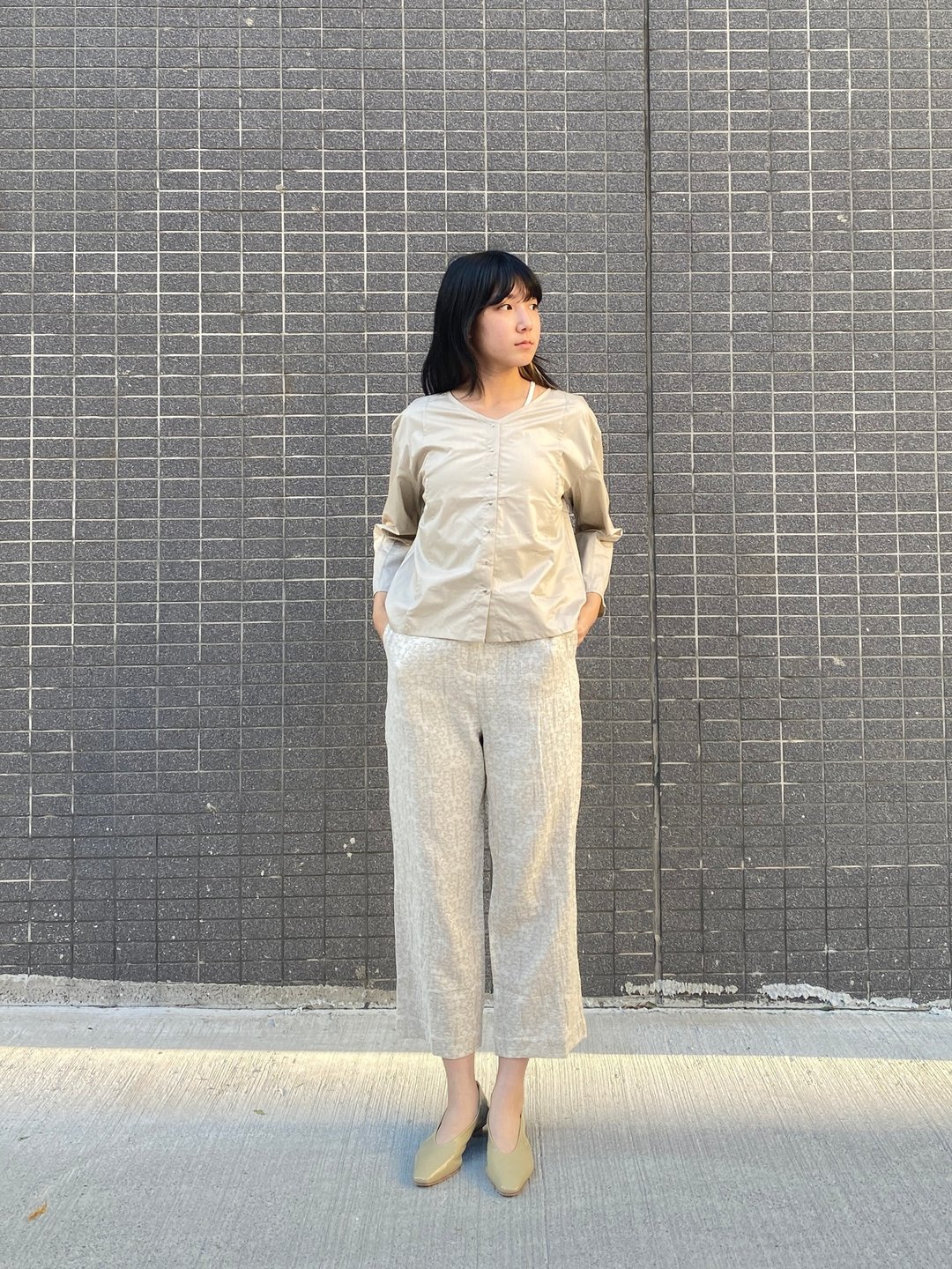 宽门襟袖打小褶衬衫 - 女装衬衫 - 棉 卡其色