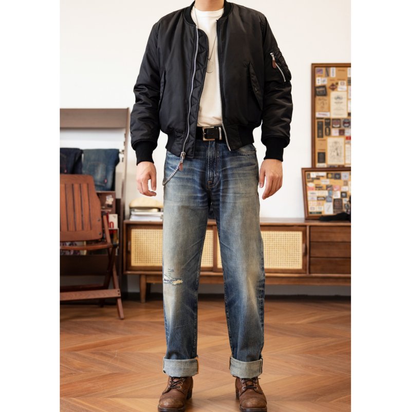 牛仔裤 水洗 补丁 55501 14oz 石磨酵素洗 丹宁 中高腰宽松直筒 - 男士长裤 - 棉．麻 