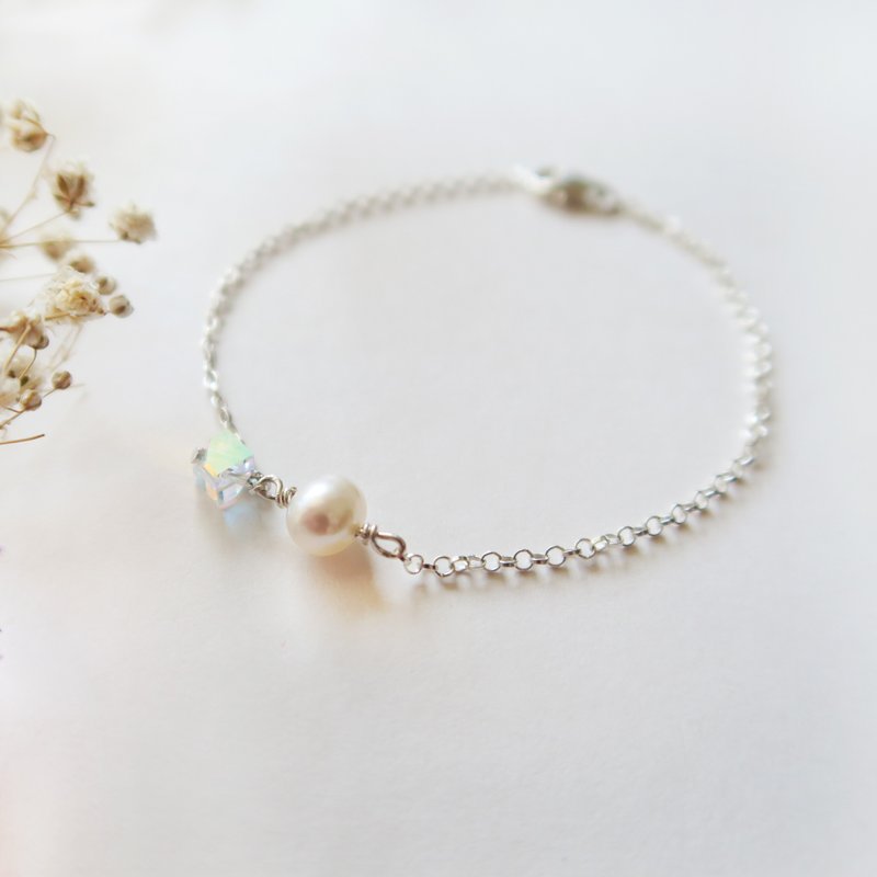 925纯银 雪白珍珠 五彩方块 水晶 手链 - 手链/手环 - 其他材质 白色