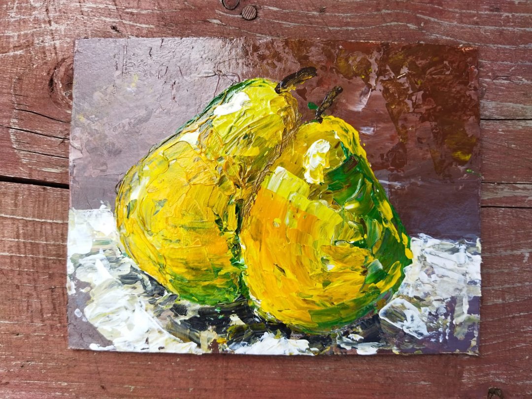 小画,熟梨,作者作品,静物熟果油画 - 墙贴/壁贴 - 棉．麻 咖啡色