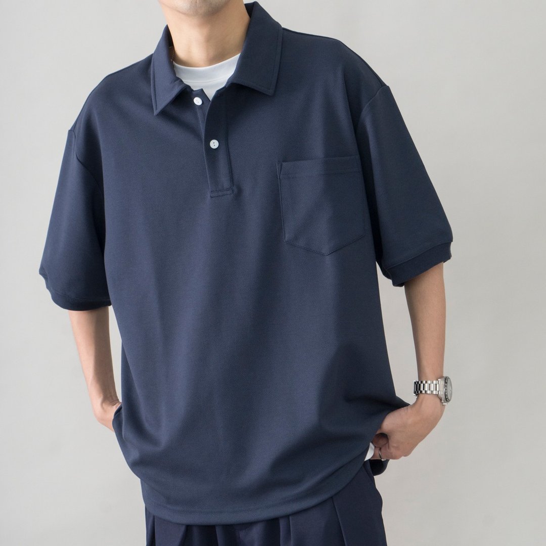 POLO 日系潮流短袖POLO衫 藏青色工裝寬鬆設計青年流行Cityboy - 男装上衣/T 恤 - 聚酯纤维 蓝色