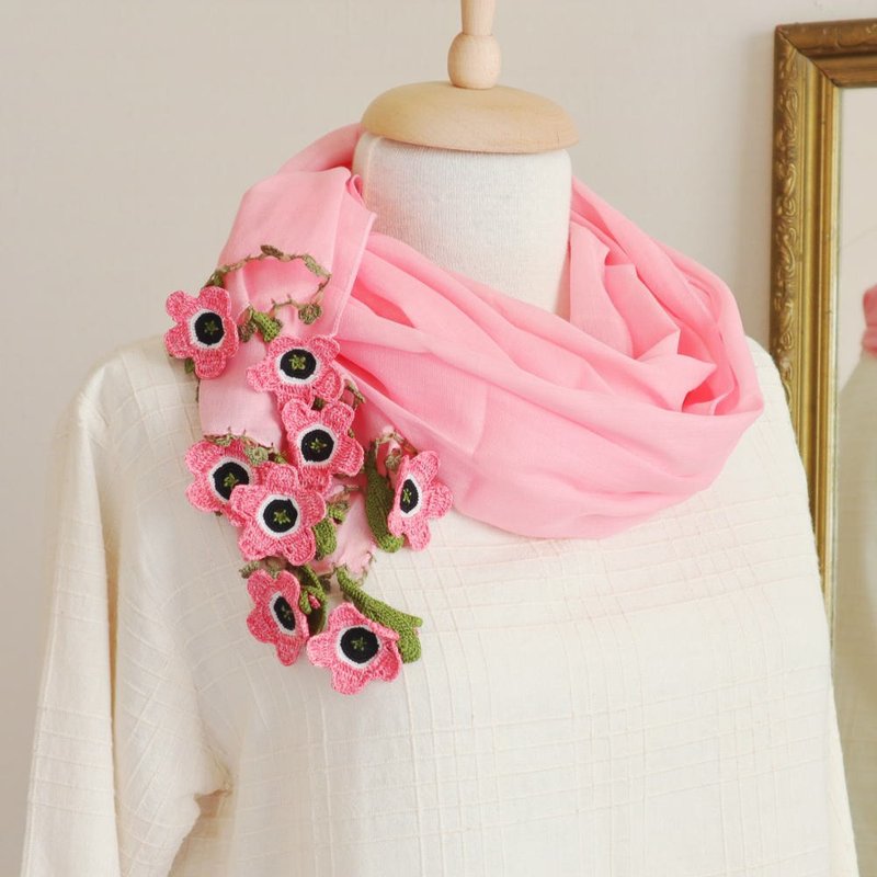 立体花饰 棉质披肩【银莲花】樱桃粉 - 丝巾 - 棉．麻 粉红色