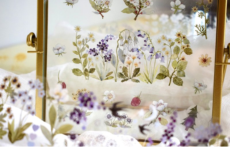 野花園-PET和紙膠帶清新花卉DIY手帳日誌手繪裝飾素材 - 纸胶带 - 纸 多色