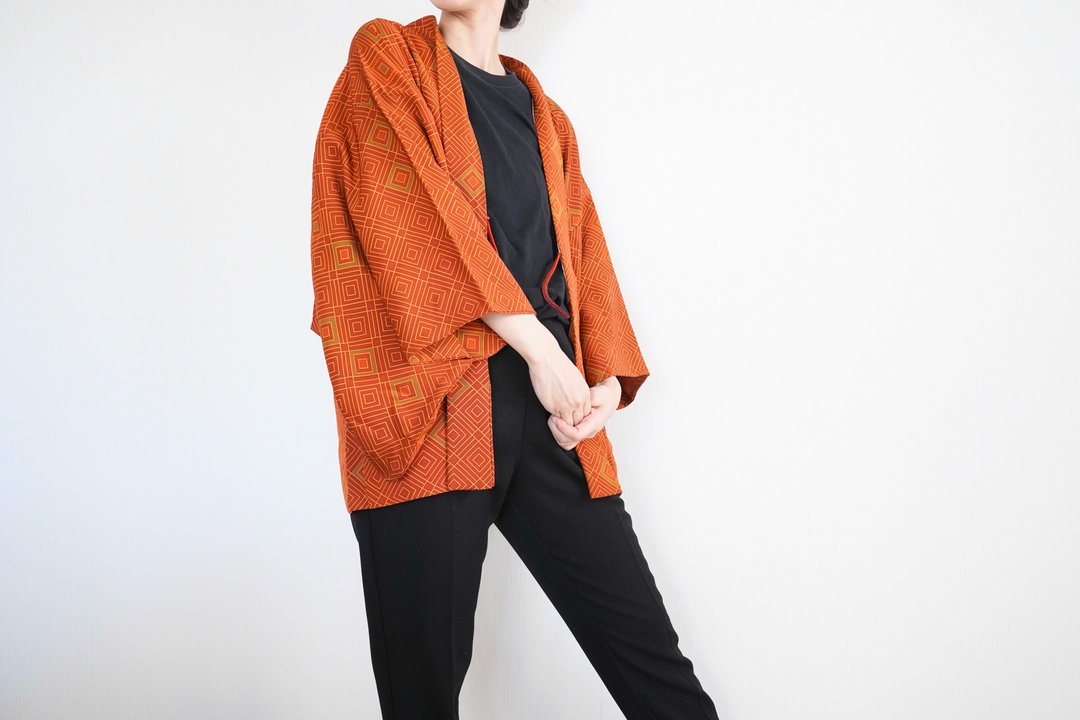 Japanese KIMONO, diamond kimono, Kokeshi haori, authentic kimono, traditional - 女装休闲/机能外套 - 聚酯纤维 橘色