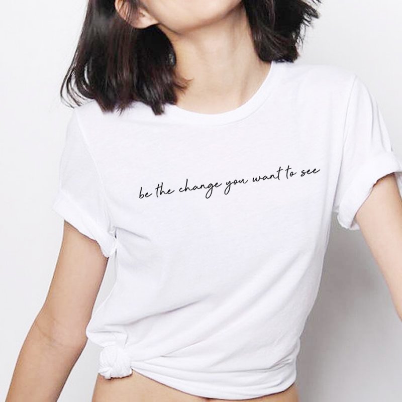 be the change you want to see短袖T恤 白色 手工印刷文字格言 - 女装上衣 - 棉．麻 白色