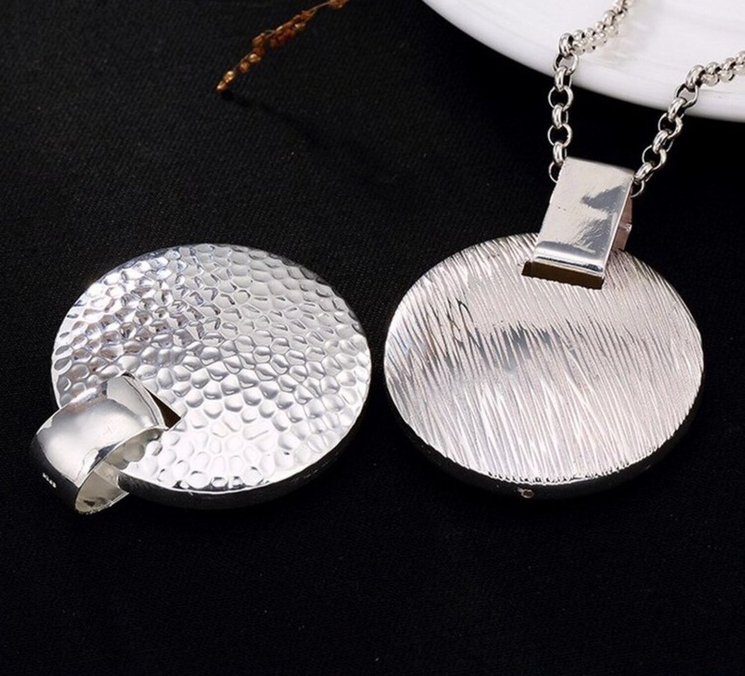 Real 925 Sterling Silver Simple Fashion Unisex Hollow Round Pendants - 长链 - 纯银 银色
