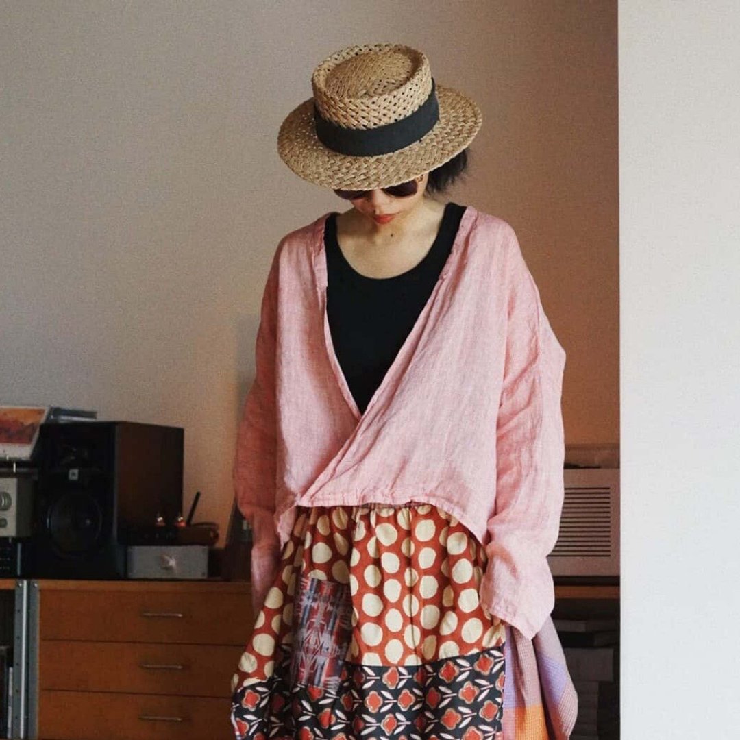 粉色酵洗純亞麻 夏季中式門襟防曬上衣 復古斜襟交叉V領罩衫 - 女装上衣 - 棉 粉红色