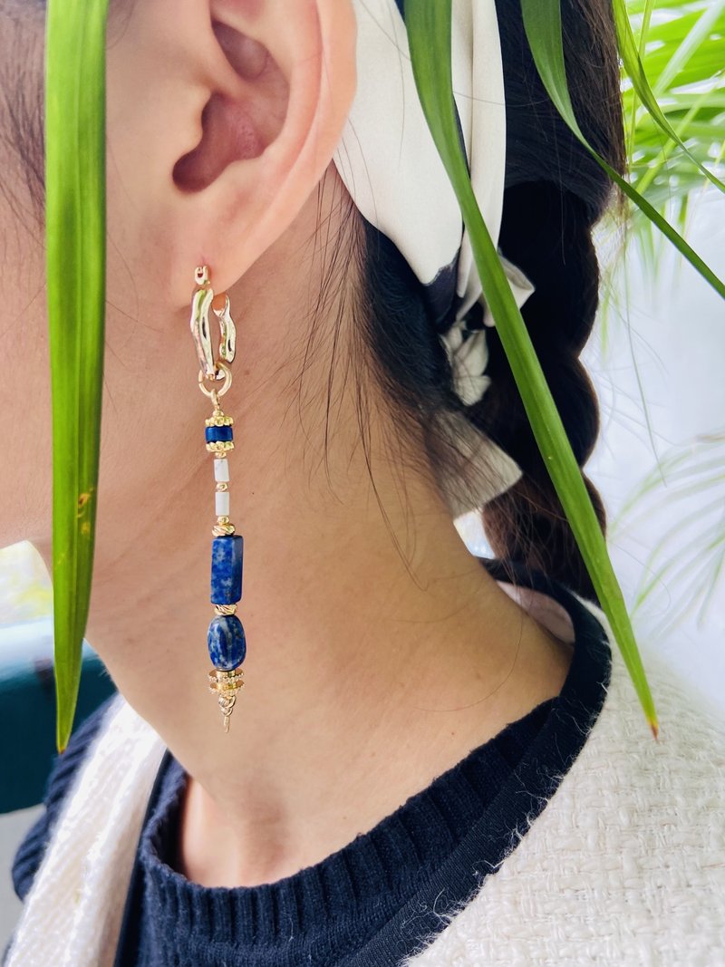 COLE COOL多用途天然青金石14KGF防敏感项链耳环耳夹 - 耳环/耳夹 - 半宝石 蓝色