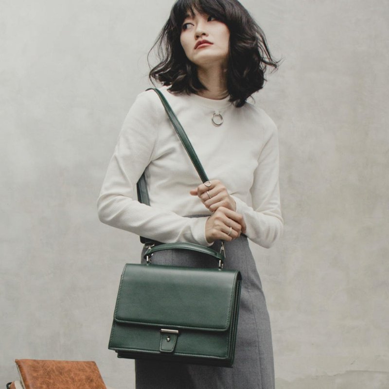墨綠色 時髦不嚴肅經典公文包 英倫復古郵差包手提單肩書包斜背包 - 侧背包/斜挎包 - 人造皮革 绿色