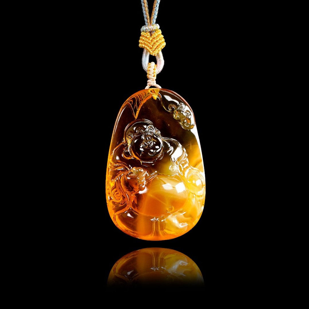 【正佳珠宝】蜜蜡琥珀 顶级金绞蜜 弥勒大肚佛 32g 金绞蜜吊坠 - 项链 - 半宝石 多色