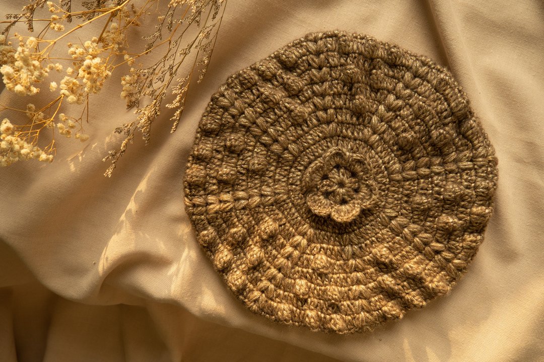 秋冬金丝毛线手钩立体花朵贝雷帽子 Mercerized Crochet Beret - 帽子 - 棉 咖啡色