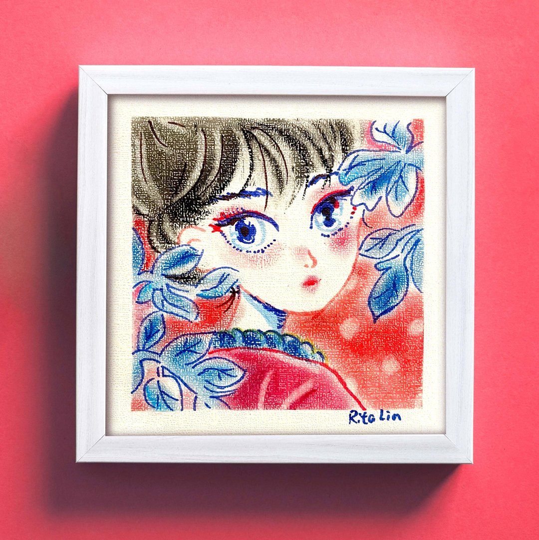 手绘粉彩画艺术 | 18cm 附框 | Black Hair Lady - 海报/装饰画/版画 - 纸 