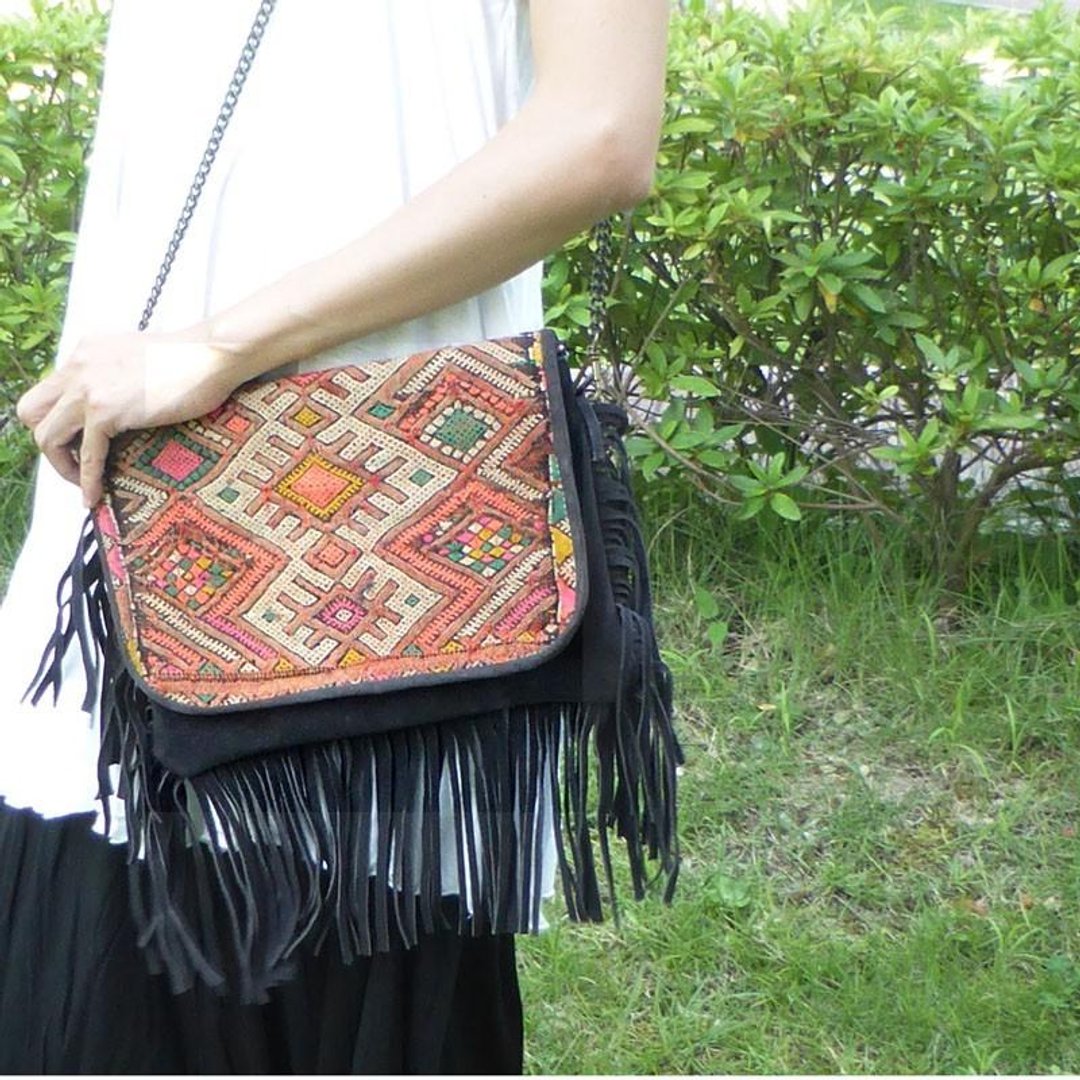 Vintage kilim fringe bag * black - 侧背包/斜挎包 - 棉 黑色