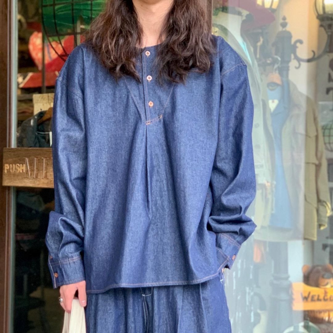 蓝 黑色牛仔三钮扣长袖衬衫 - 男装衬衫 - 棉 蓝色