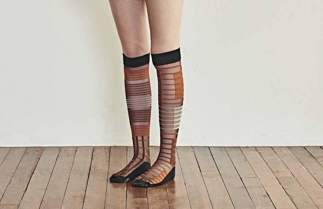 南瓜苏格兰纹 Pumpkin Tartan 不对称透肤袜 - 袜子 - 棉 橘色