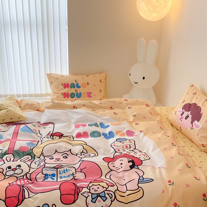 黄色郁金香妹妹 可爱合作款寝具 小碎花床单/床包四件套100%棉制 - 寝具 - 棉．麻 黄色