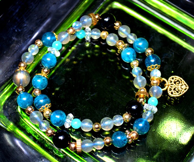 雨后彩虹的眼泪- 清透彩光拉长石+蓝色磷灰石双圈手链 - 手链/手环 - 半宝石 银色