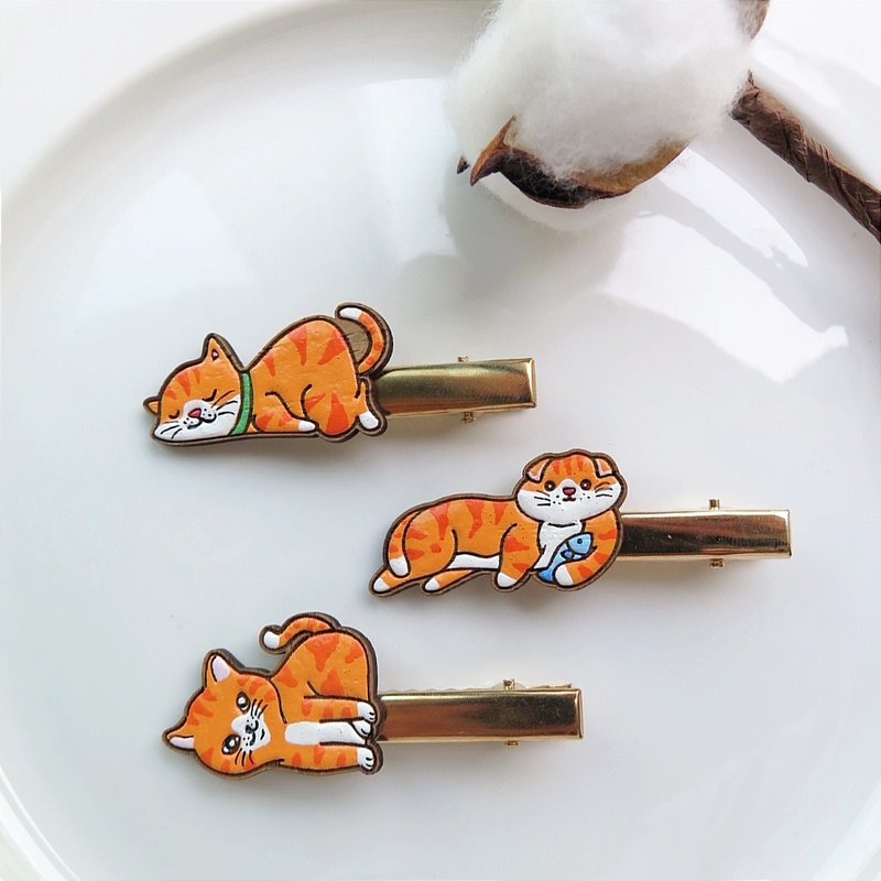 木质发夹 猫咪一家 01 - 发饰 - 木头 橘色