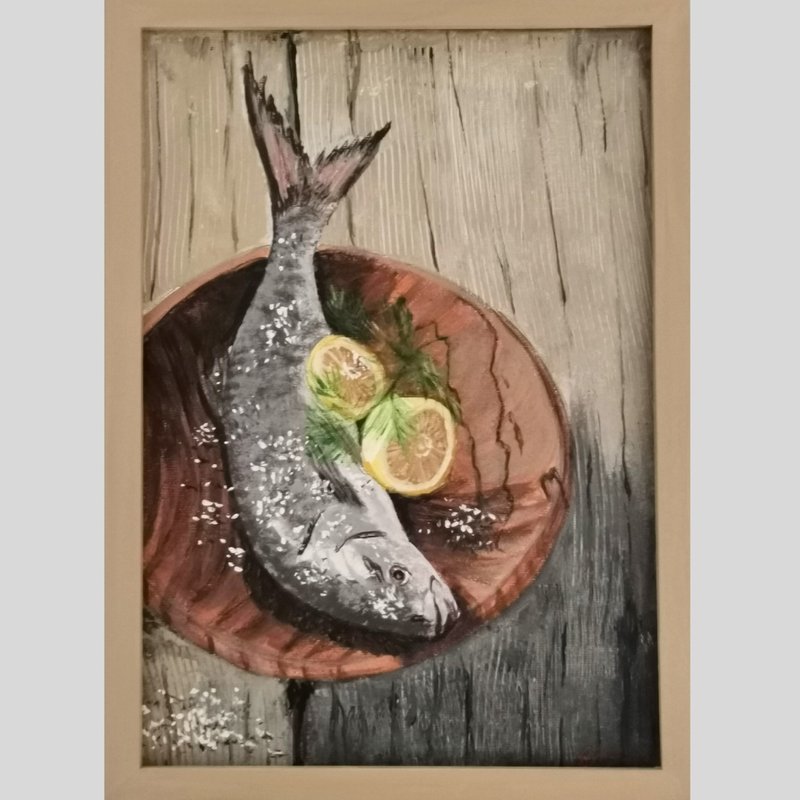 鱼厨房静物原创带框墙面艺术食物绘画 由 RinaArtSK 创作 - 墙贴/壁贴 - 其他材质 多色