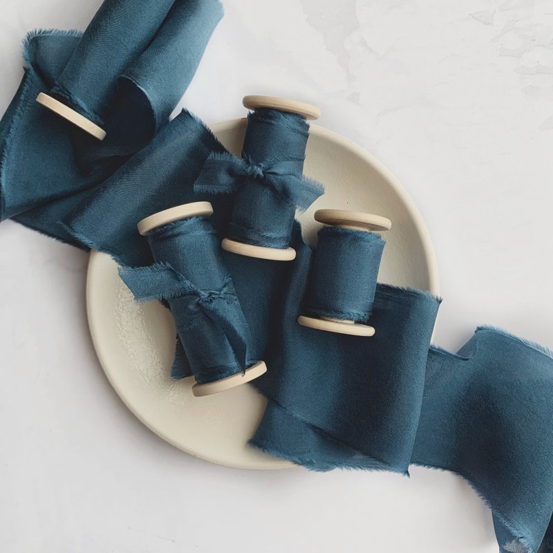 Deep Ocean Silk Ribbon | Hand Dyed Silk Ribbon on Wood Spool - 包装材料 - 丝．绢 蓝色