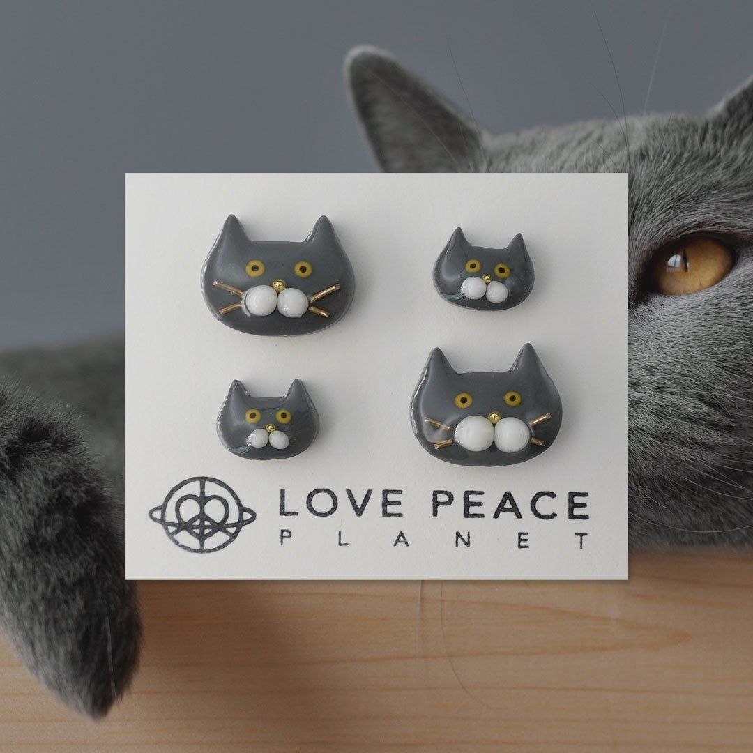 猫猫好朋友耳环 | 蓝 - 耳环/耳夹 - 树脂 蓝色
