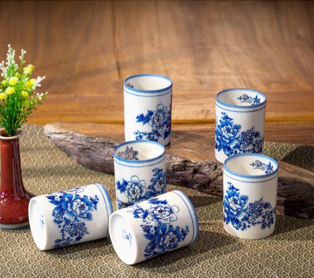牡青花六入水杯/钴蓝/手绘/台湾味/青花瓷/类青花/年节送礼 - 其他杯子 - 瓷 蓝色