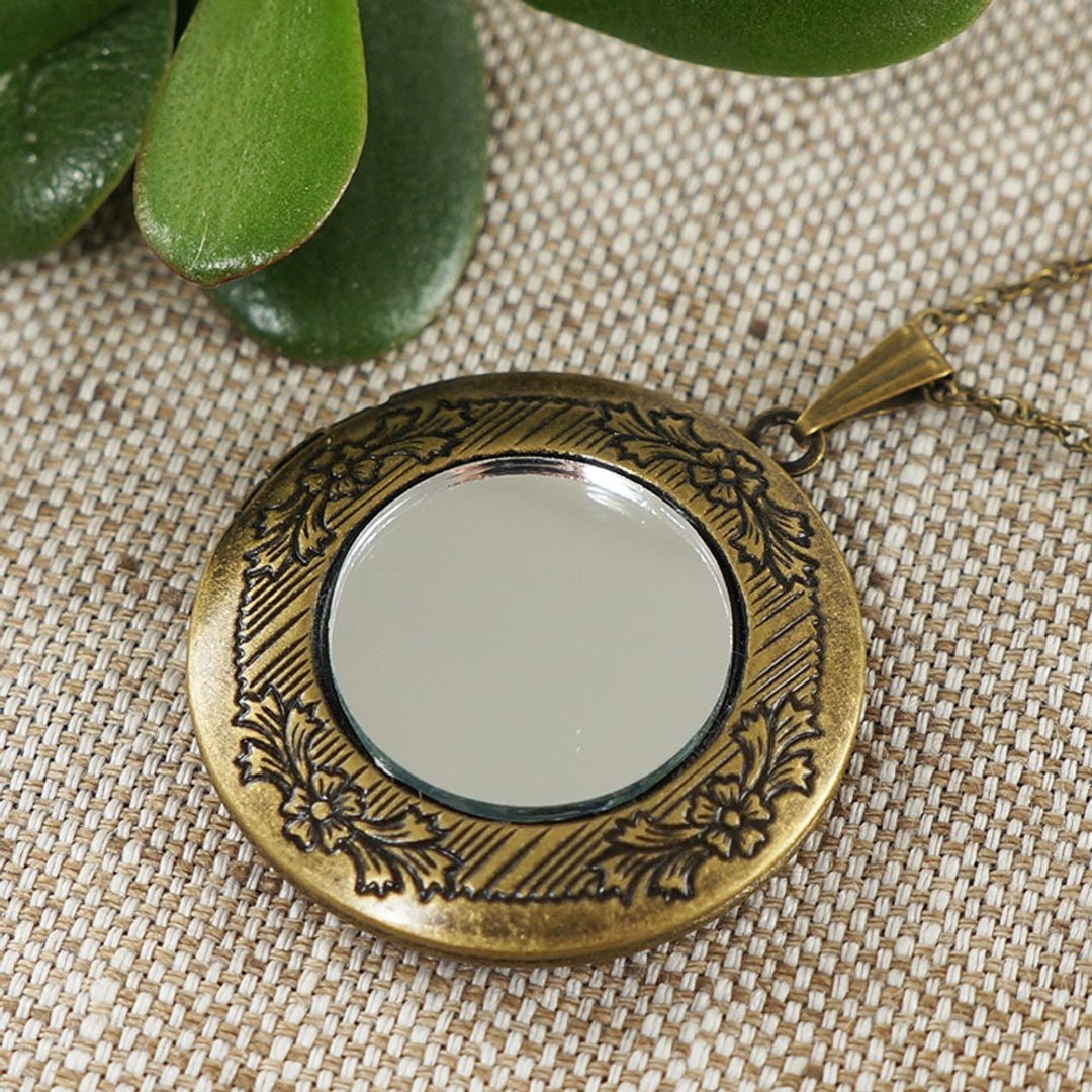 Glass Mirror Bronze Photo Locket Evil Eye Protection Pendant Necklace Jewelry - 项链 - 其他材质 卡其色