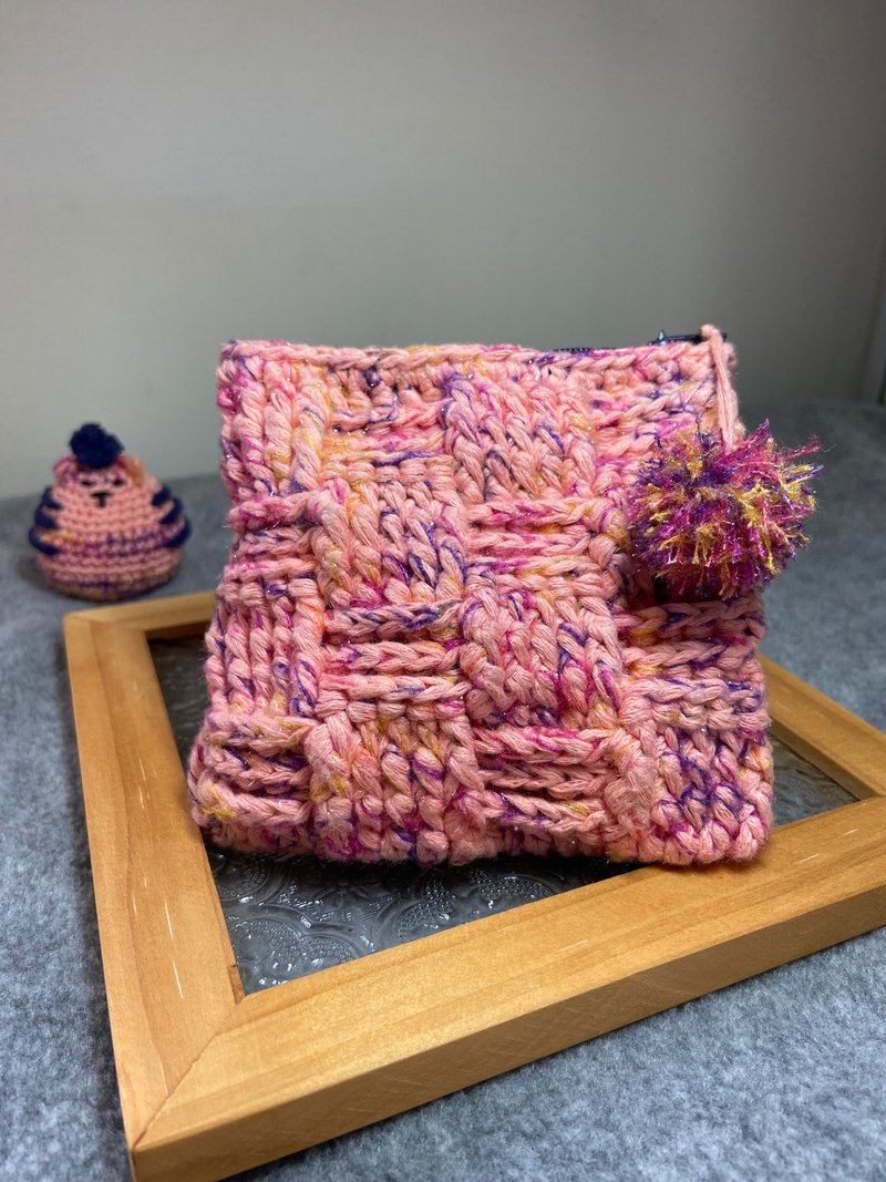 猫咪守卫粉红零钱包 独一无二 手工 编织 - 零钱包 - 棉．麻 粉红色